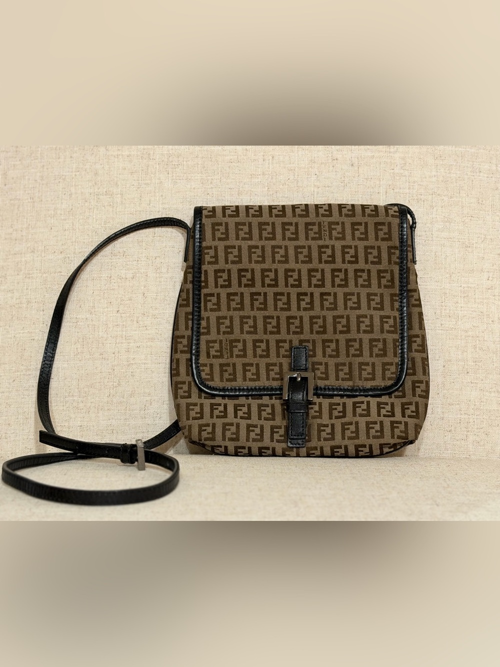 Fendi Brown Zucca FF Logo Shoulder Messenger Bag with Black Trim